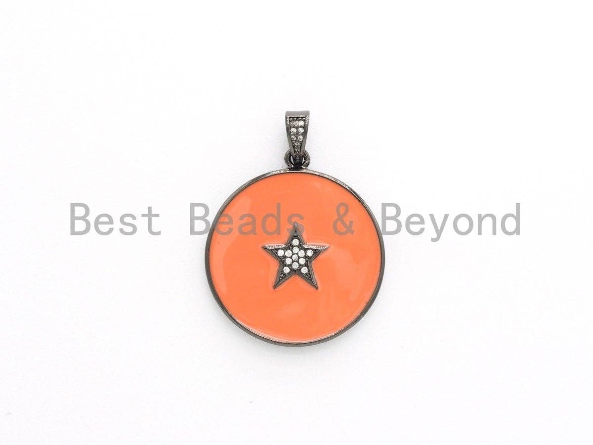 NEW Colorful Enamel Star on Disc Pendant,Cubic Zirconia Pave Pendant, Red/Blue/Pink/Orange/Yellow/White/Green Star Charms, 30*35mm, SKU#F613