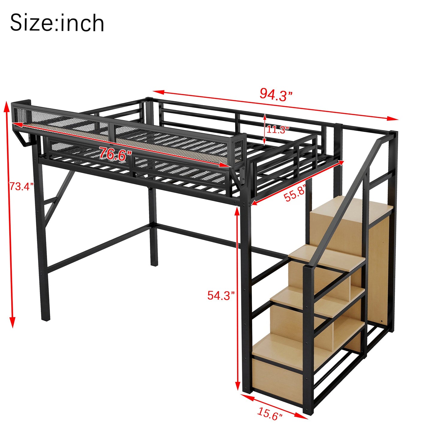 Full Size Loft Bed with Stairs and Storage Shelves