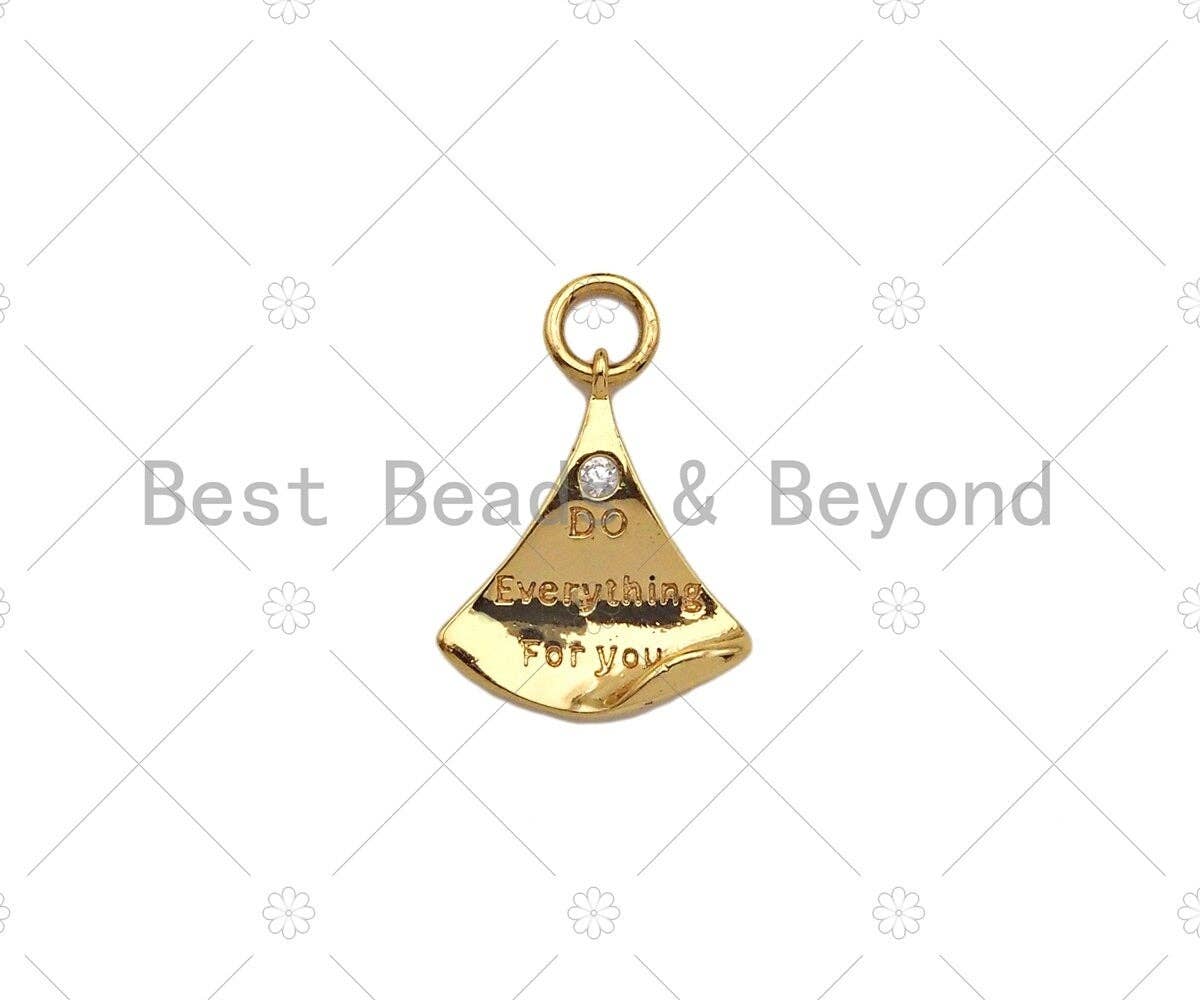 CZ Micro Pave Do Everything For You Word On Fan Shape Pendant,14K Dainty Gold Leaf Charm, Necklace Bracelet Charm,14x16mm,Sku#ZX04