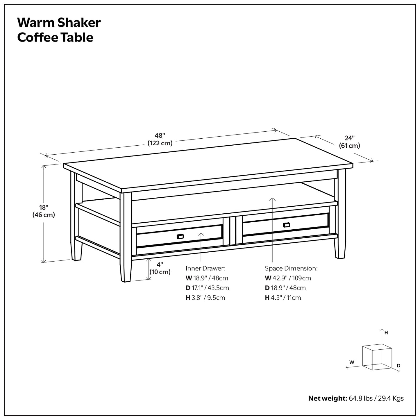 Warm Shaker Solid Wood 48 Inch Wide Transitional Coffee Table