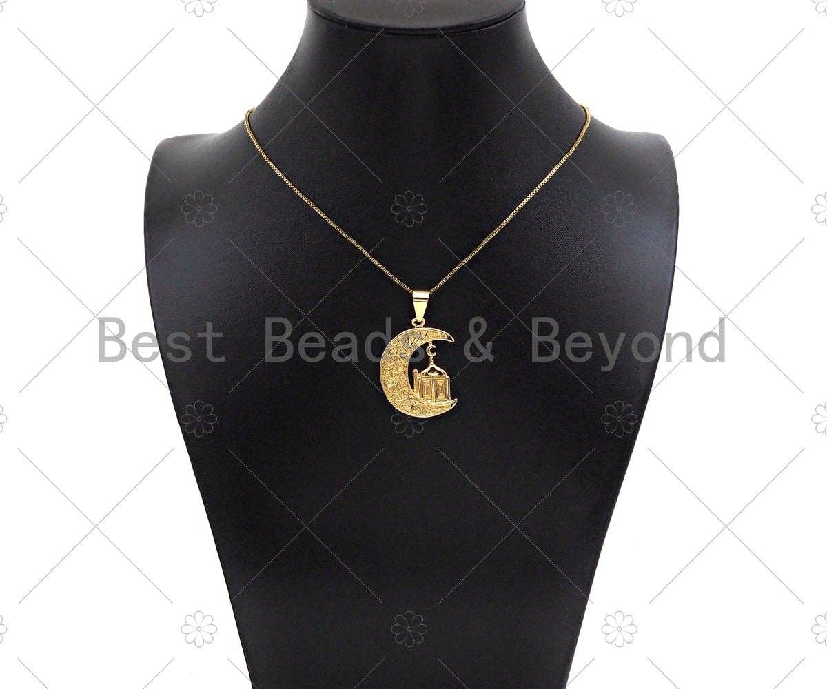 CZ Micro Pave Palace On Cresent Moon Shape Pendant/Charm, Sku#F1358C