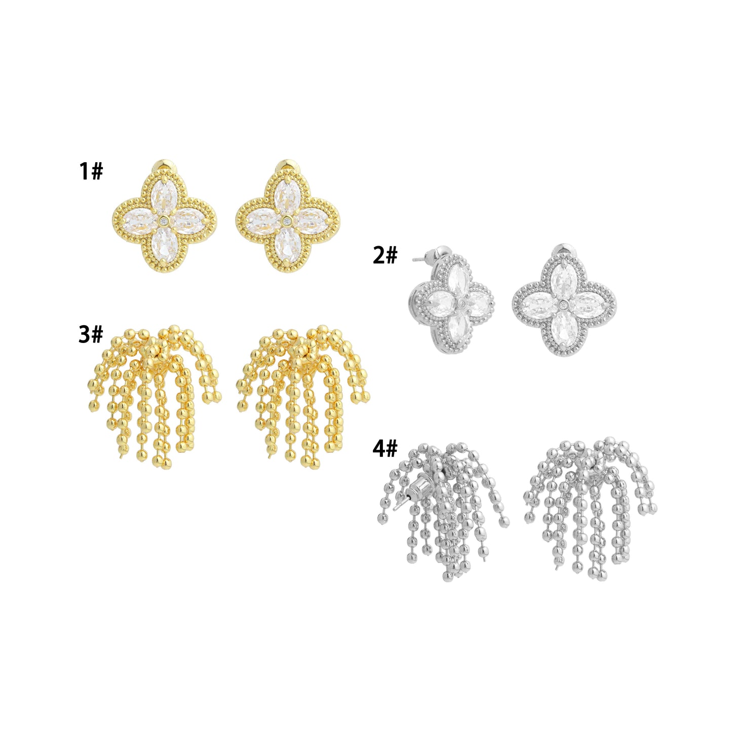 Gold Silver Flower Ball Tassels Earrings, Sku#O124