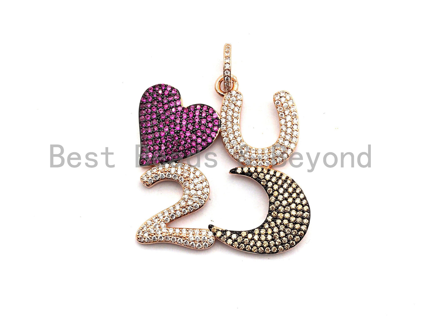 CZ Fuchsia Micro Pave LOVE U To the moon Pendant, CZ Pave love Pendant,Gold/Rose Gold/Silver/Gunmetal, Love Charm, 34x35mm,Sku#F779