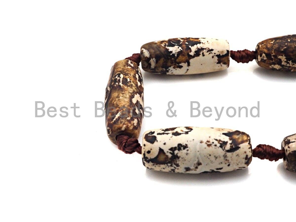 1pc/11pc Natural Tibetan Agate Barrel Spacer Beads, Brown White Dzi Spacer Beads, Tibetan Dzi Beads, 11x25mm, sku#U868