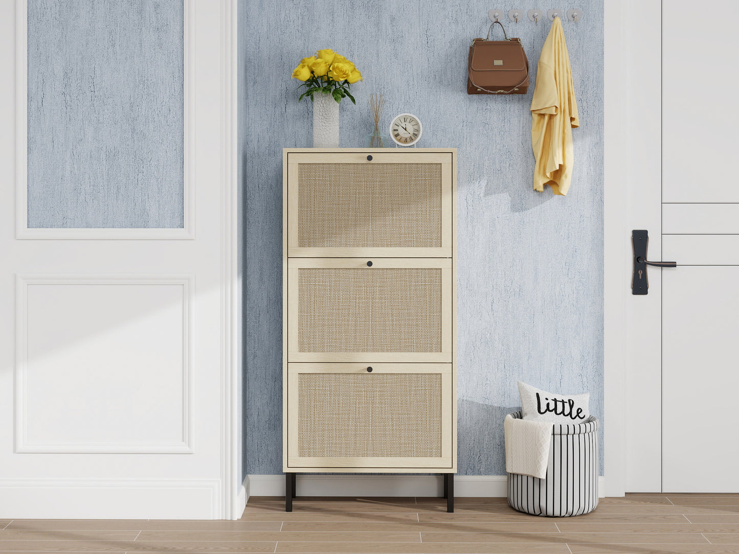 Rattan 3 Door Shoe Rack, Freestanding Modern Shoe Storage Cabinet