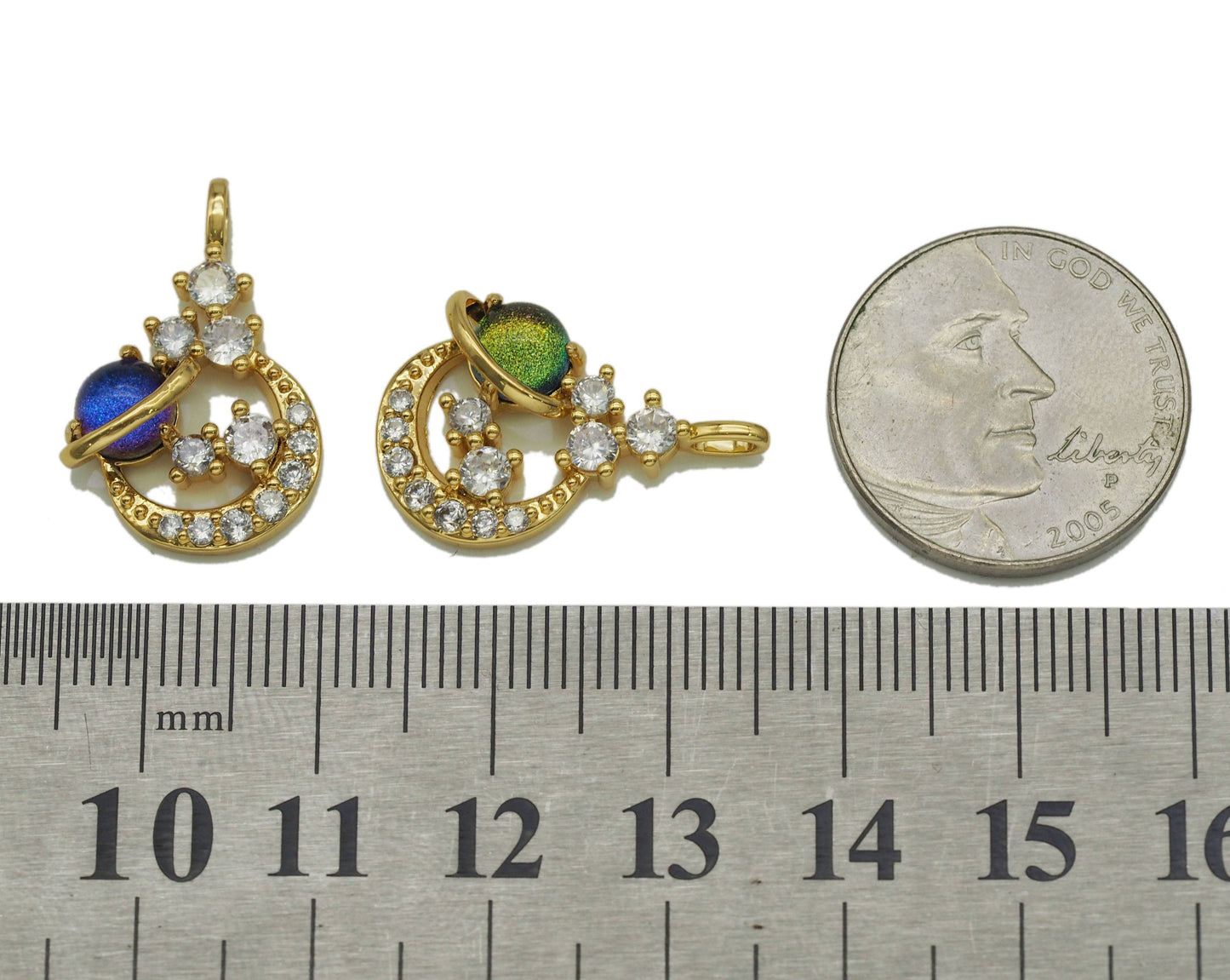 Gold CZ Earth On Cresent Moon Charm, Sku#Y705