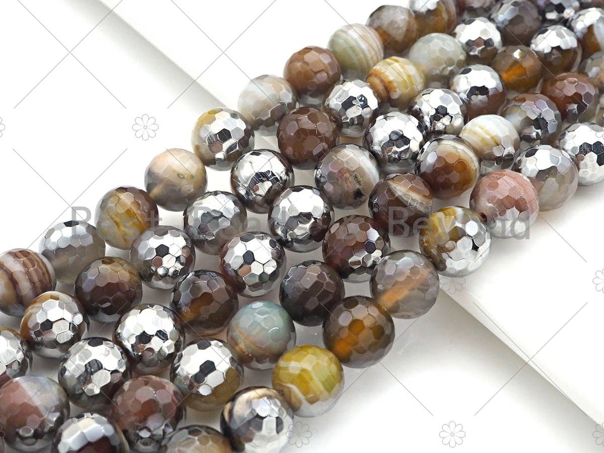 Natural Half Silver Plated Brown Agate Beads, 8mm/10mm/12mm Round Faceted Brown Green Beads, 15.5 Full Strand, sku# UA124