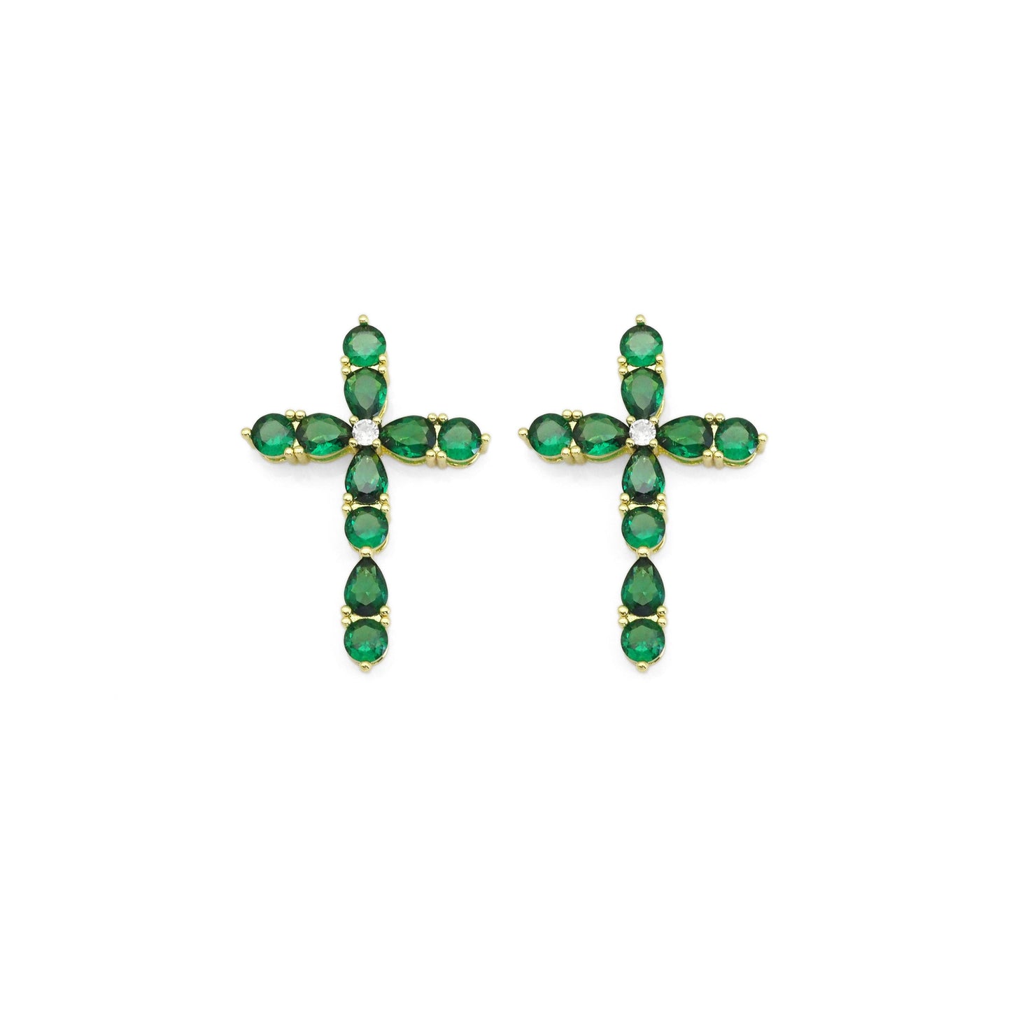 Green Teardrop CZ Gold Cross Charm, Sku#LX356