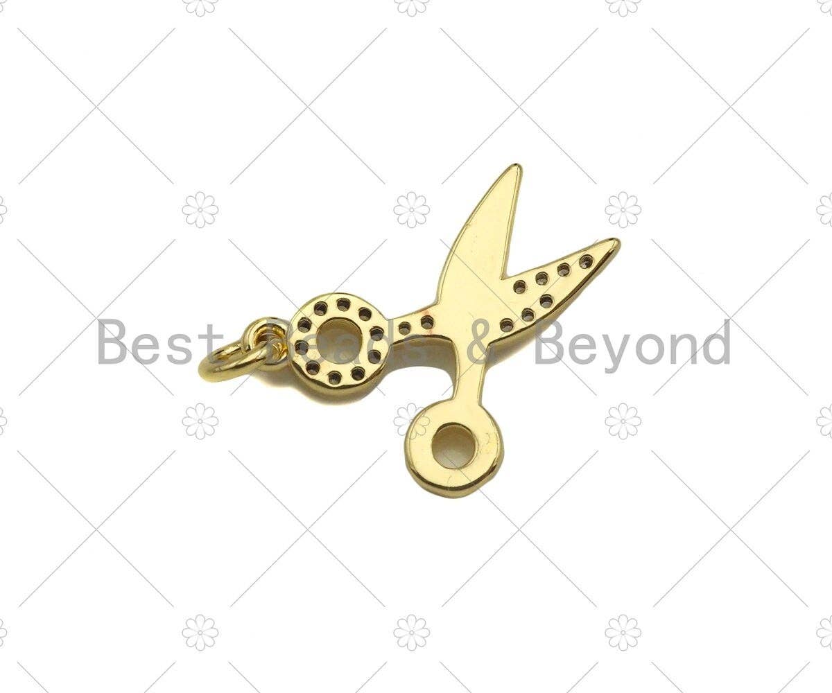 CZ Micro Pave Scissors Shape Pendant,18K Dainty Gold Charm,