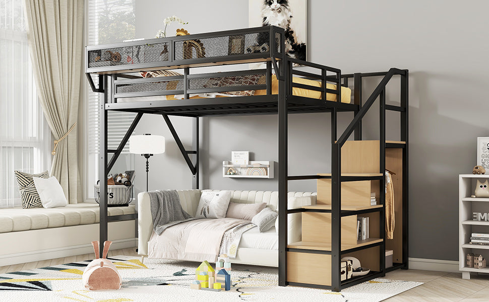 Full Size Loft Bed with Stairs and Storage Shelves