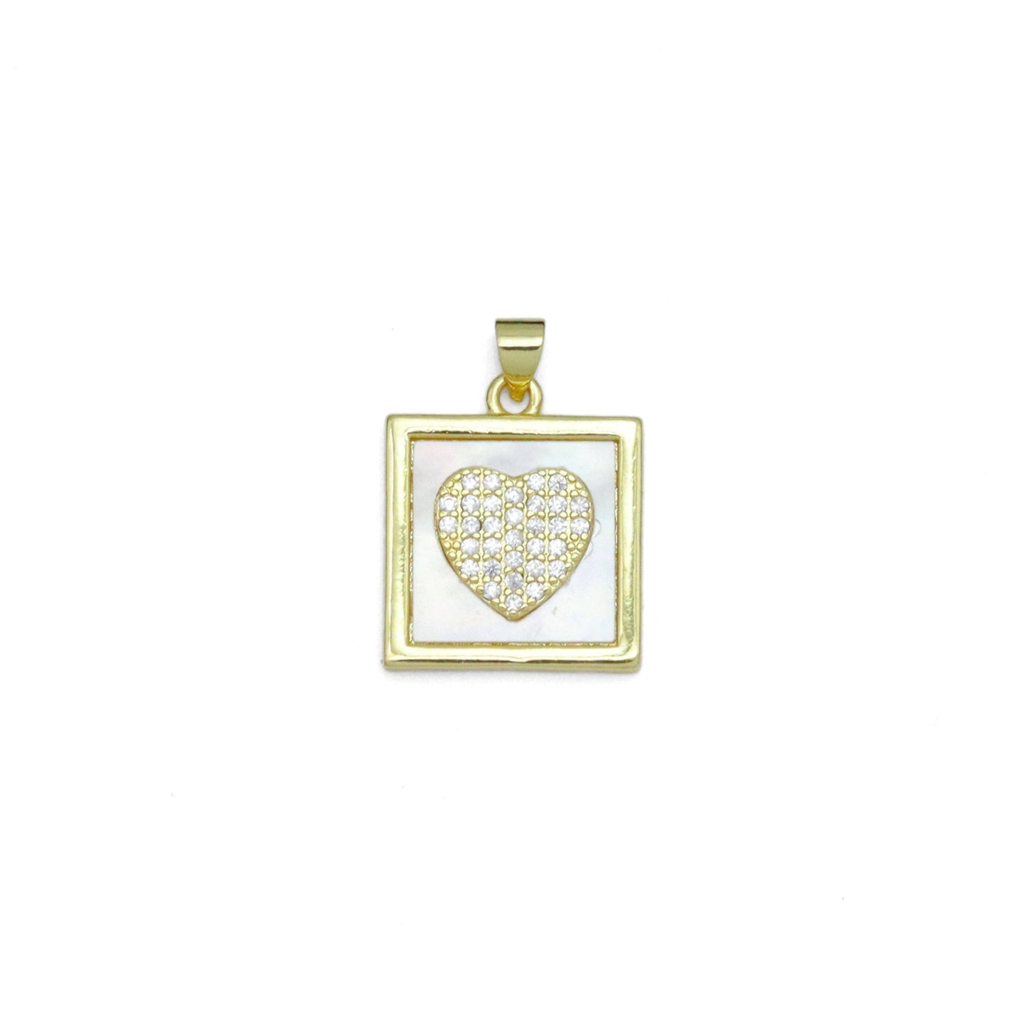 Gold Clear CZ Heart On Square Mother of Pearl Charm Pendant, Sku#LK990