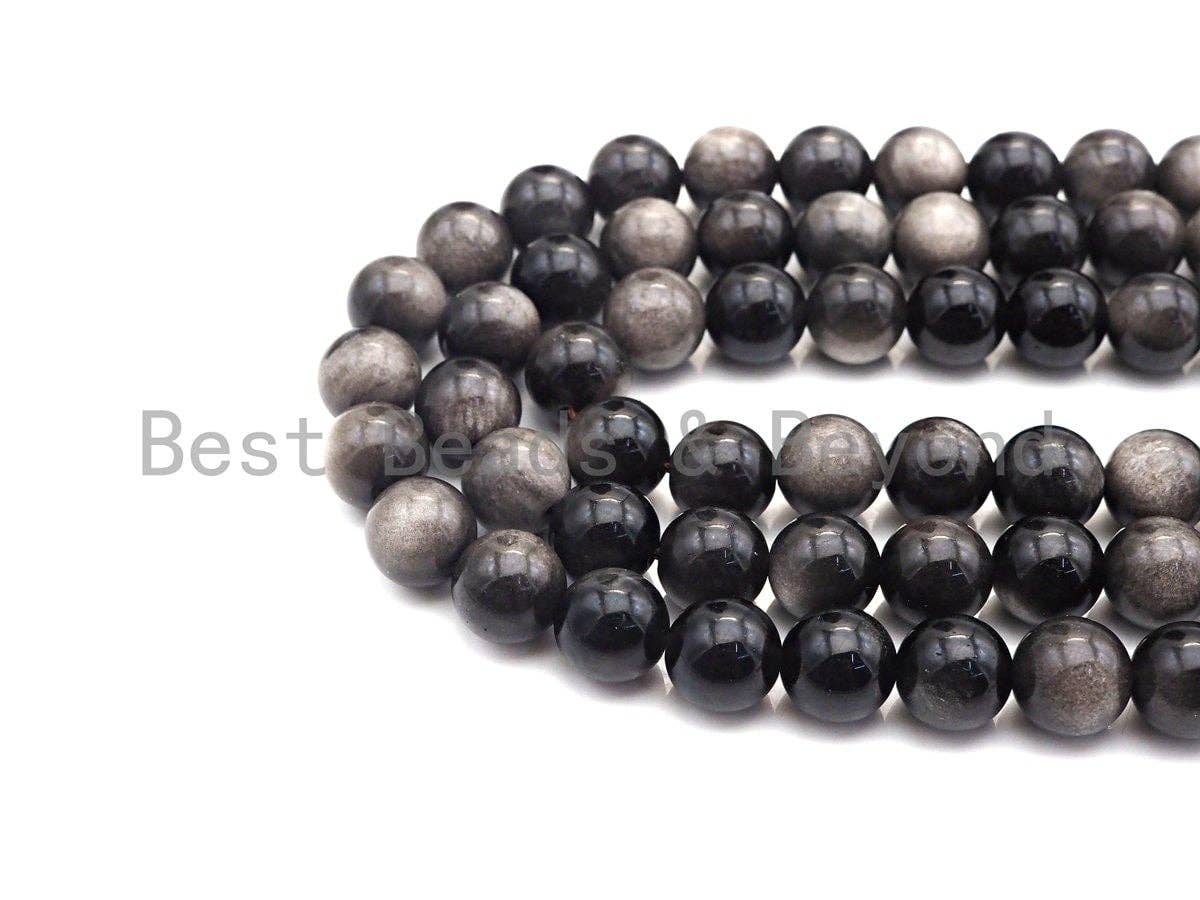 High Quality Natural Silver Obsidian, Round Smooth 6mm/8mm/10mm/12mm/14mm, 15.5" Full Strand, sku#U848