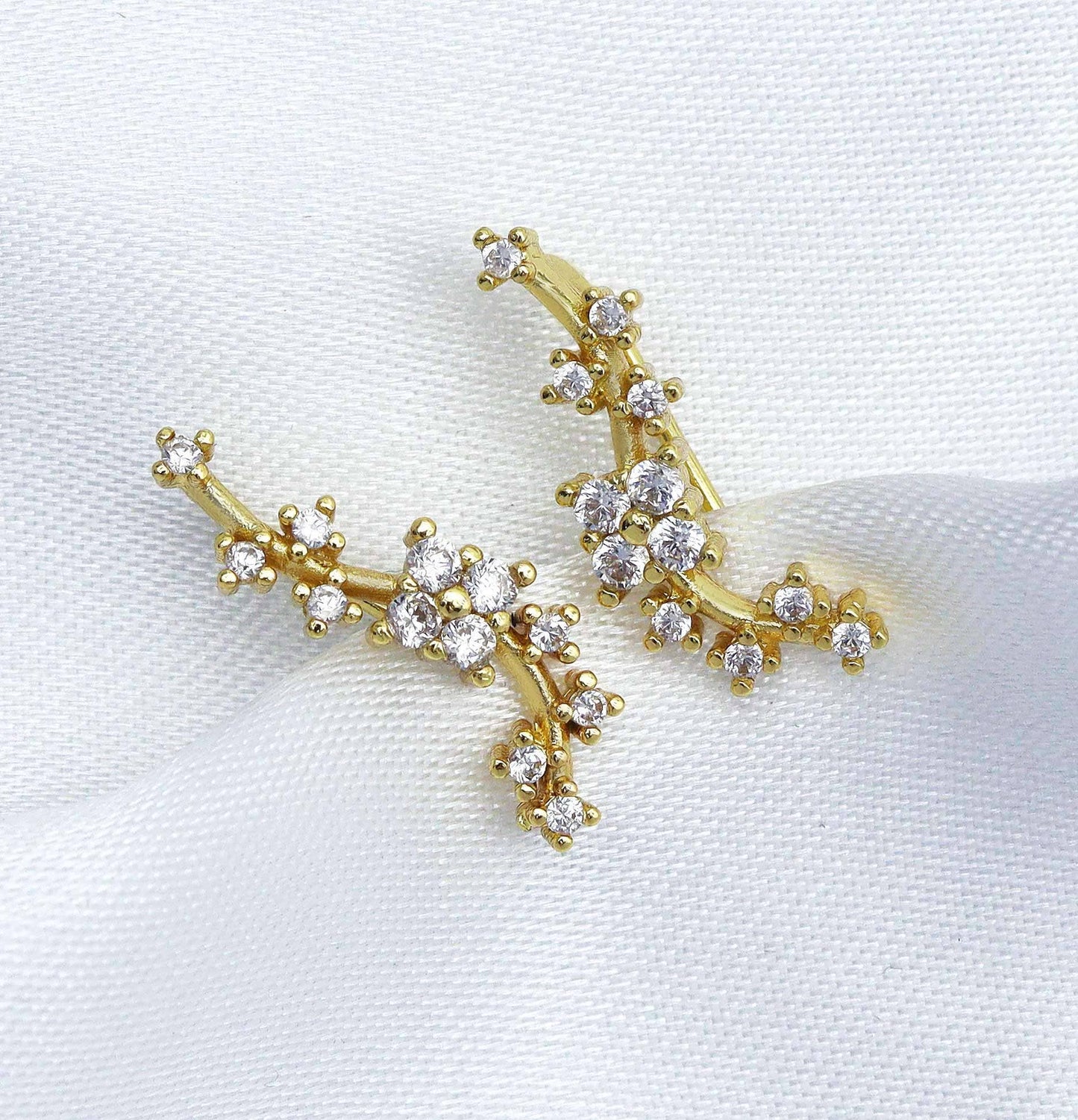 Gold Ear Climber Earring in Clear Crystal, Flower Blossom Earrings, Sku#B223