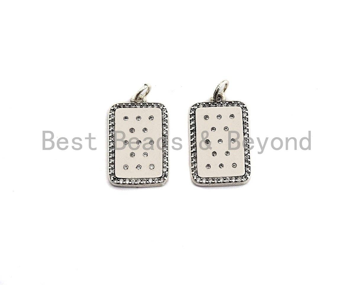 CZ Micro Pave Flat Rectangle Pendant, Antique Silver Tone, Clear Cubic Zirconia Big Pave Charm Pendant, 13x22mm,sku#F1015C