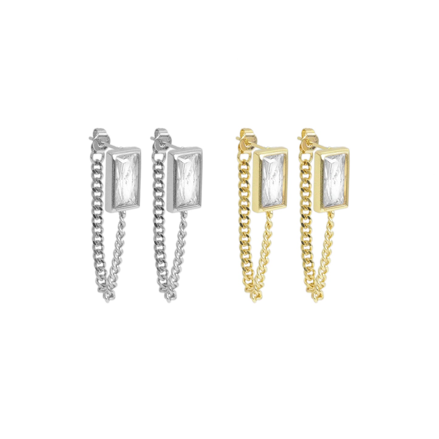 Gold Silver Rectangle CZ With Chain Link Dangle Earrings, Sku#LX374