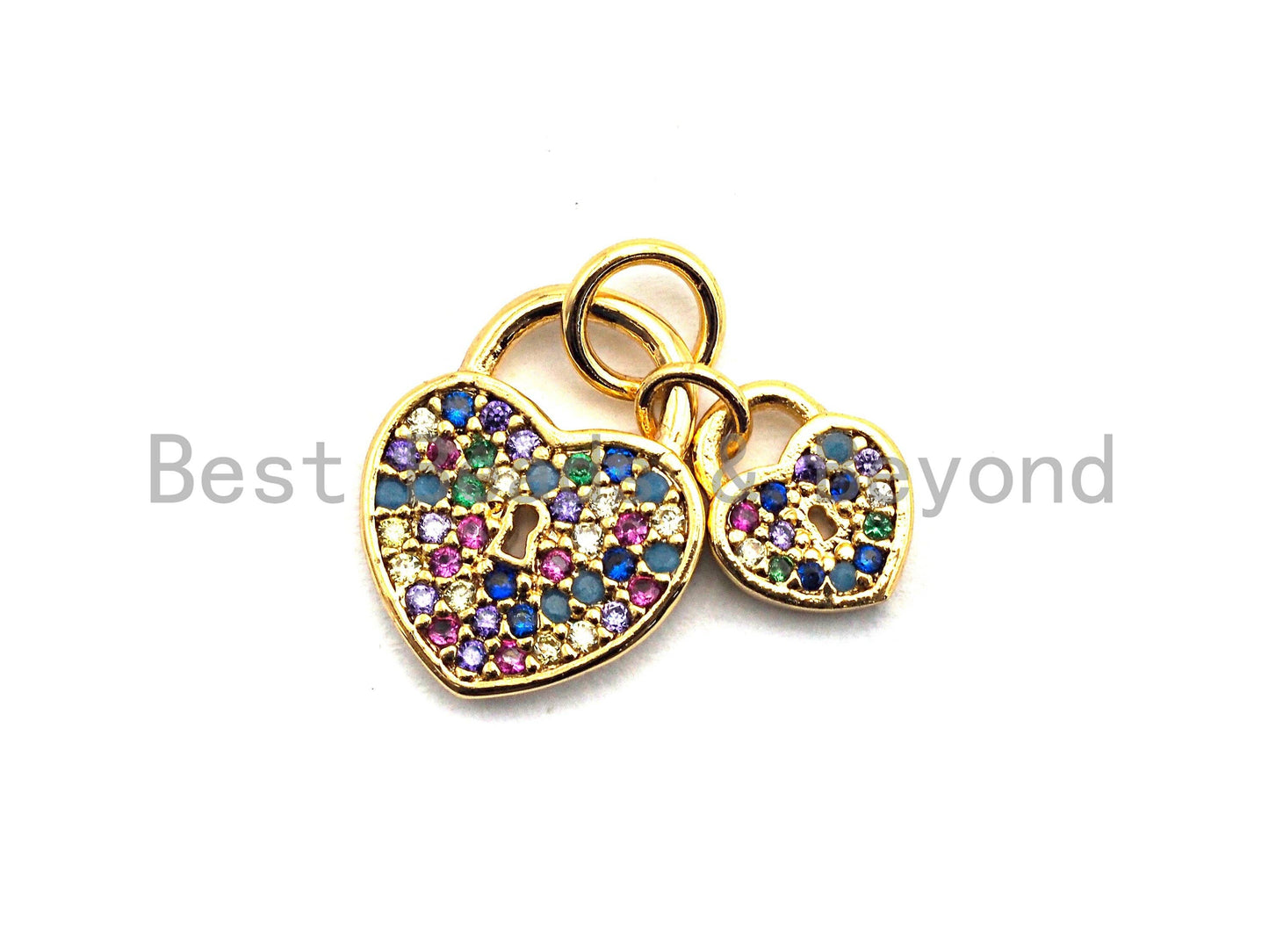 CZ Colorful Micro Pave Big heart Small Heart Lock Pendant, Heart Shaped Pave Pendant, Gold plated, 10x13mm, Sku#F825C