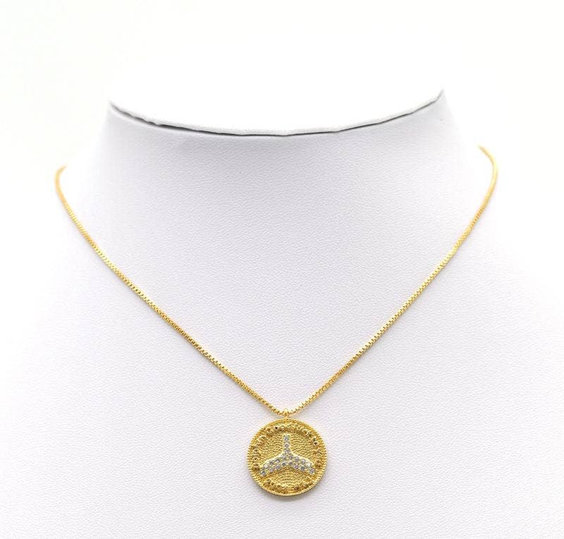 CZ Shark Tail On Round Coin Charm, Sku#LK646