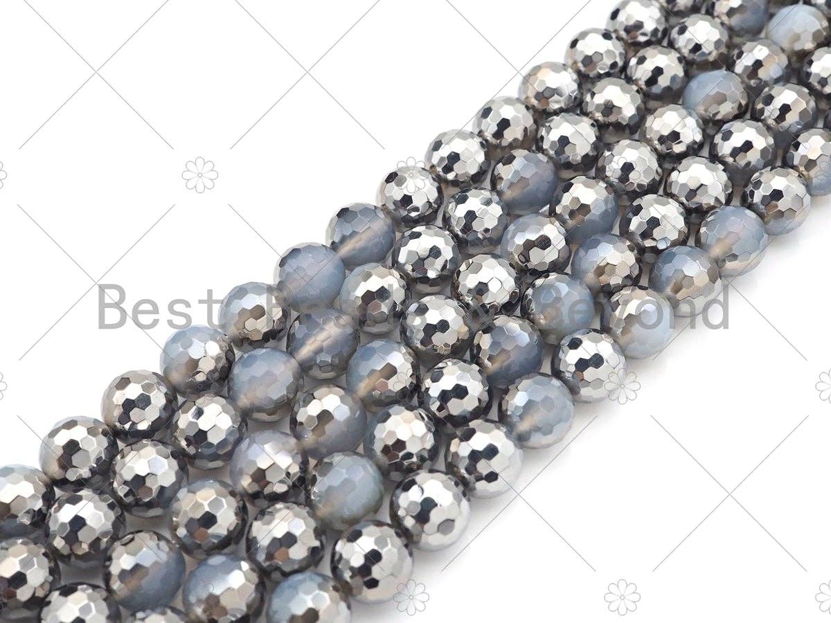 Natural Half Silver Plated Milky White Agate Beads, 8mm/10mm/12mm Round Faceted Agate Beads, 15.5" Full Strand, sku#UA187