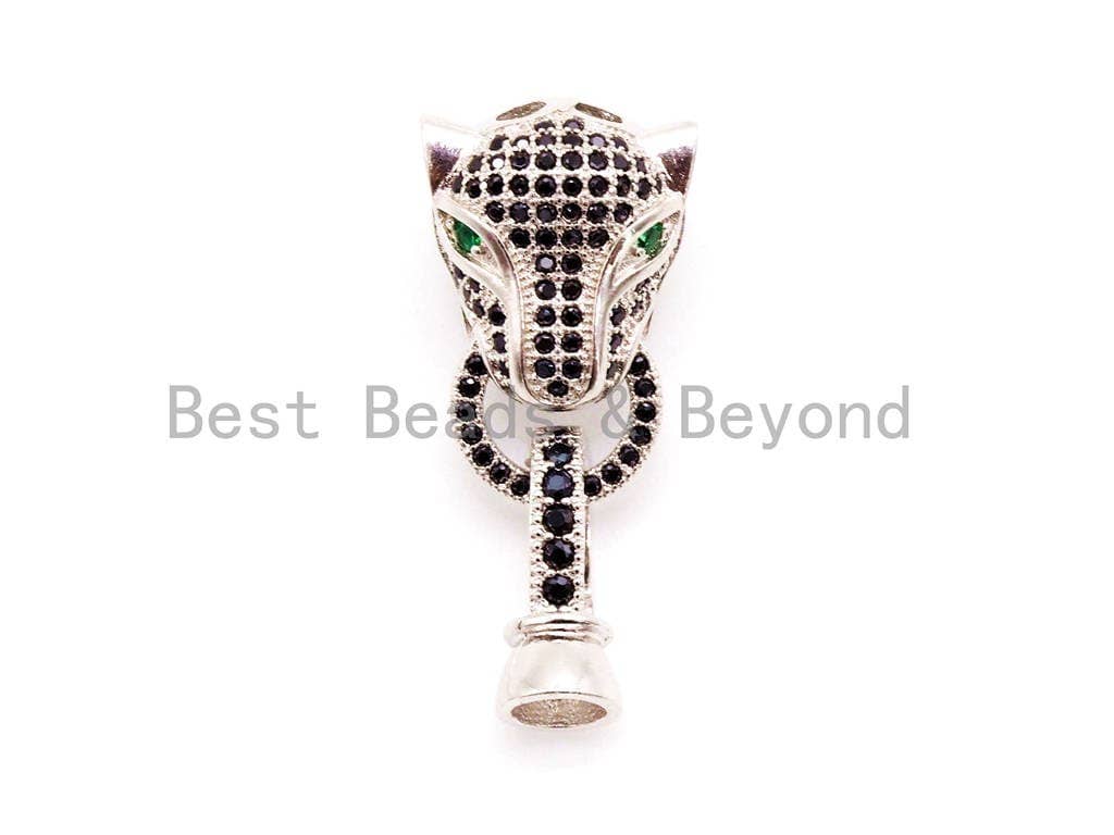 CZ Micro Pave Panther Leopard Head with Green Eye Buckle Clasp, Black Rhodium Plated Cubic Zirconia Clasp,31x13mm, sku#H34