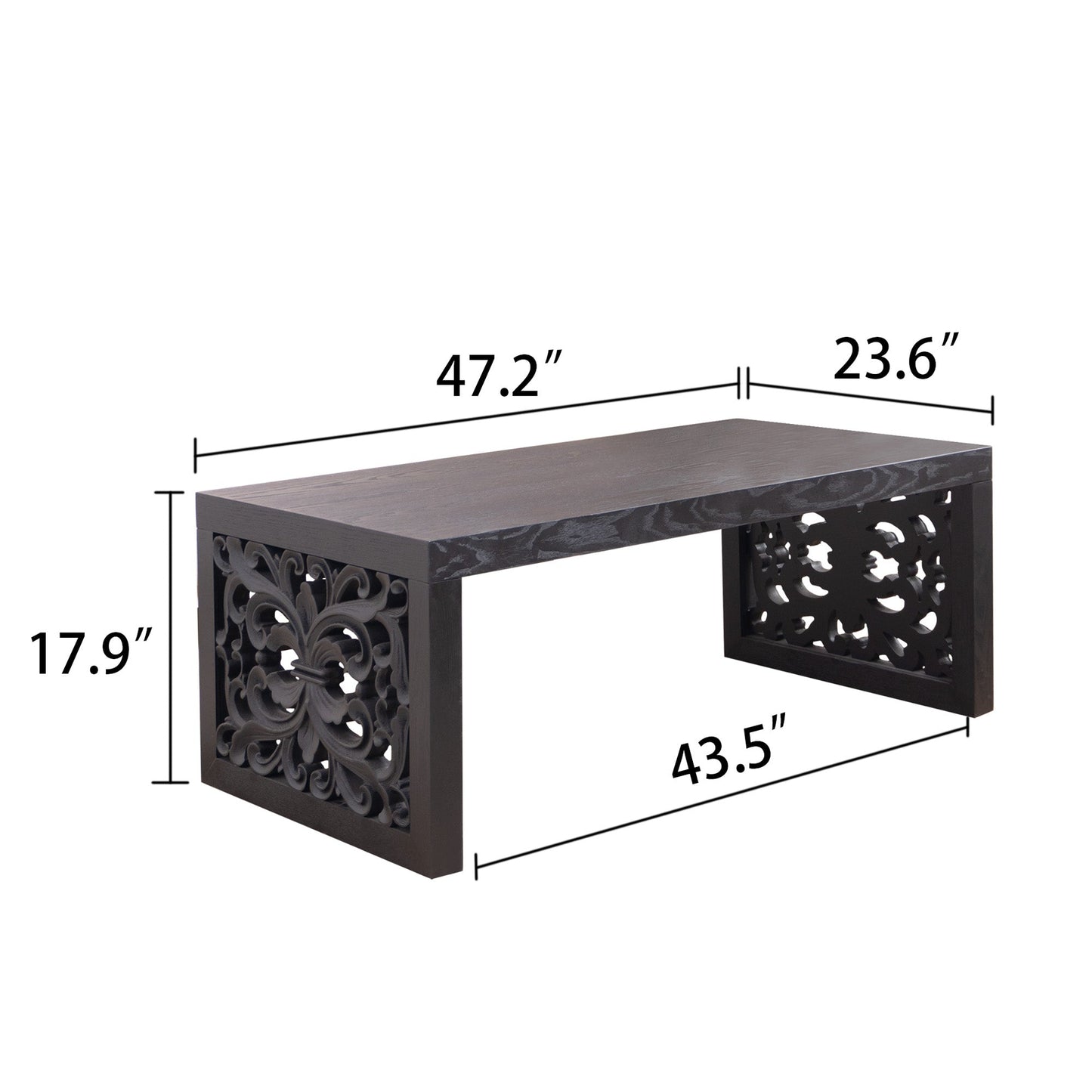 47.2" Solid Black Carved Wood Coffee Table