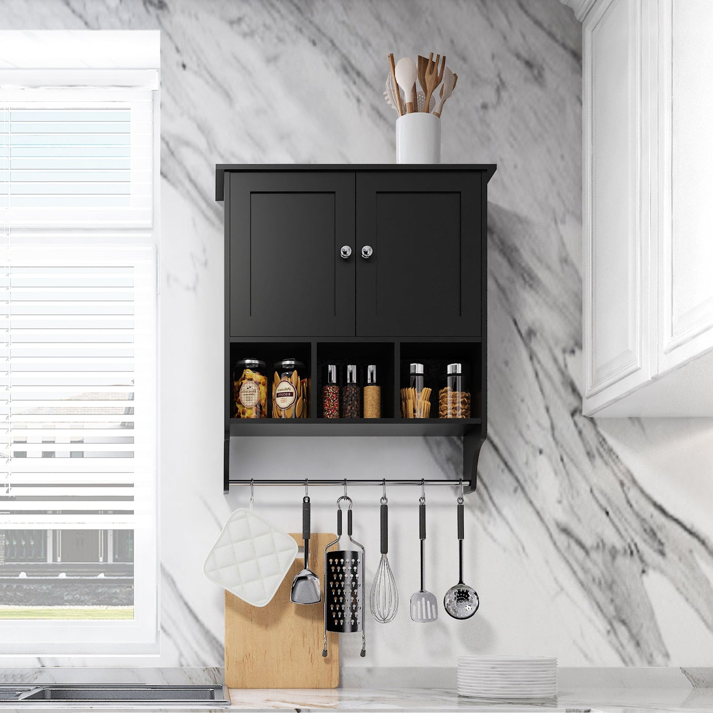 Premium Space Saving Wall Cabinet with 2 Doors in Black