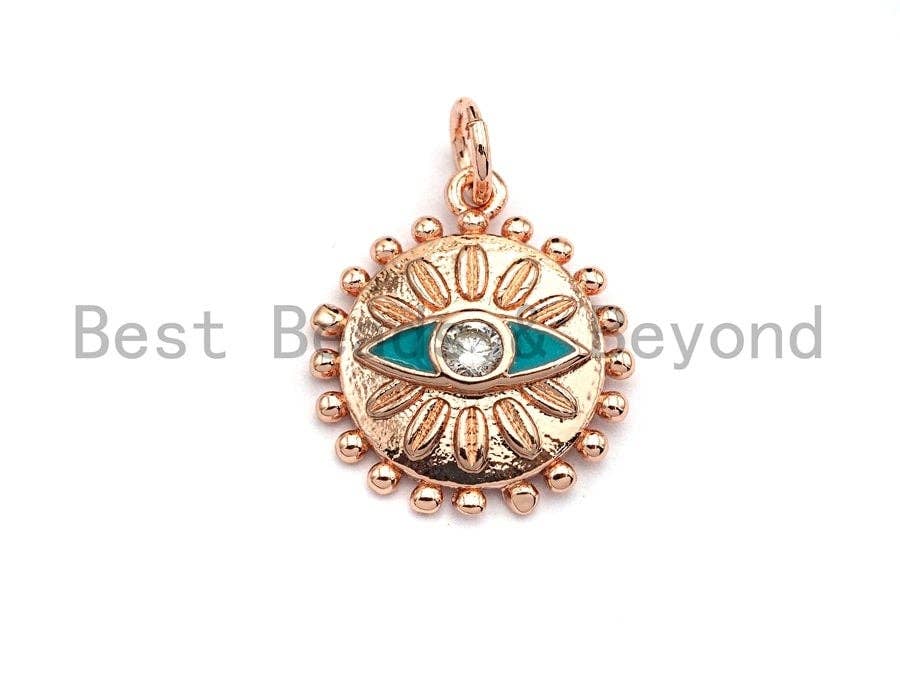 CZ Micro Pave 14x17mm Enamel Evil Eye on Round Disc Pendant, Round Pendant Rose Gold/Black/Gold/Silver, sku#Z399
