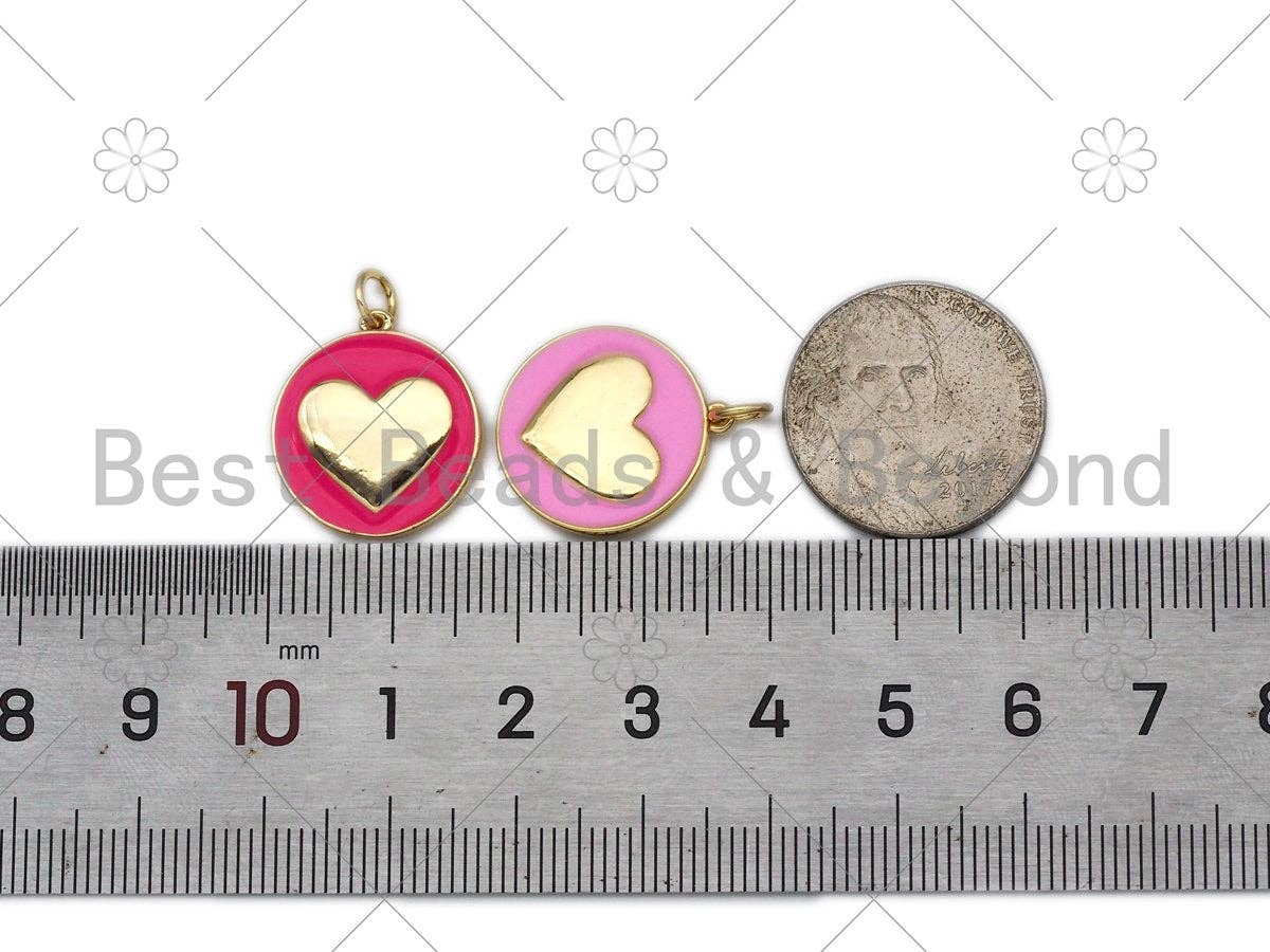 Gold Heart On Colorful Enamel Round Coin Shape Pendant, 18K Gold Filled Heart Charm,Enamel Pendant,Enamel Jewelry,17x19mm,Sku#F1411C