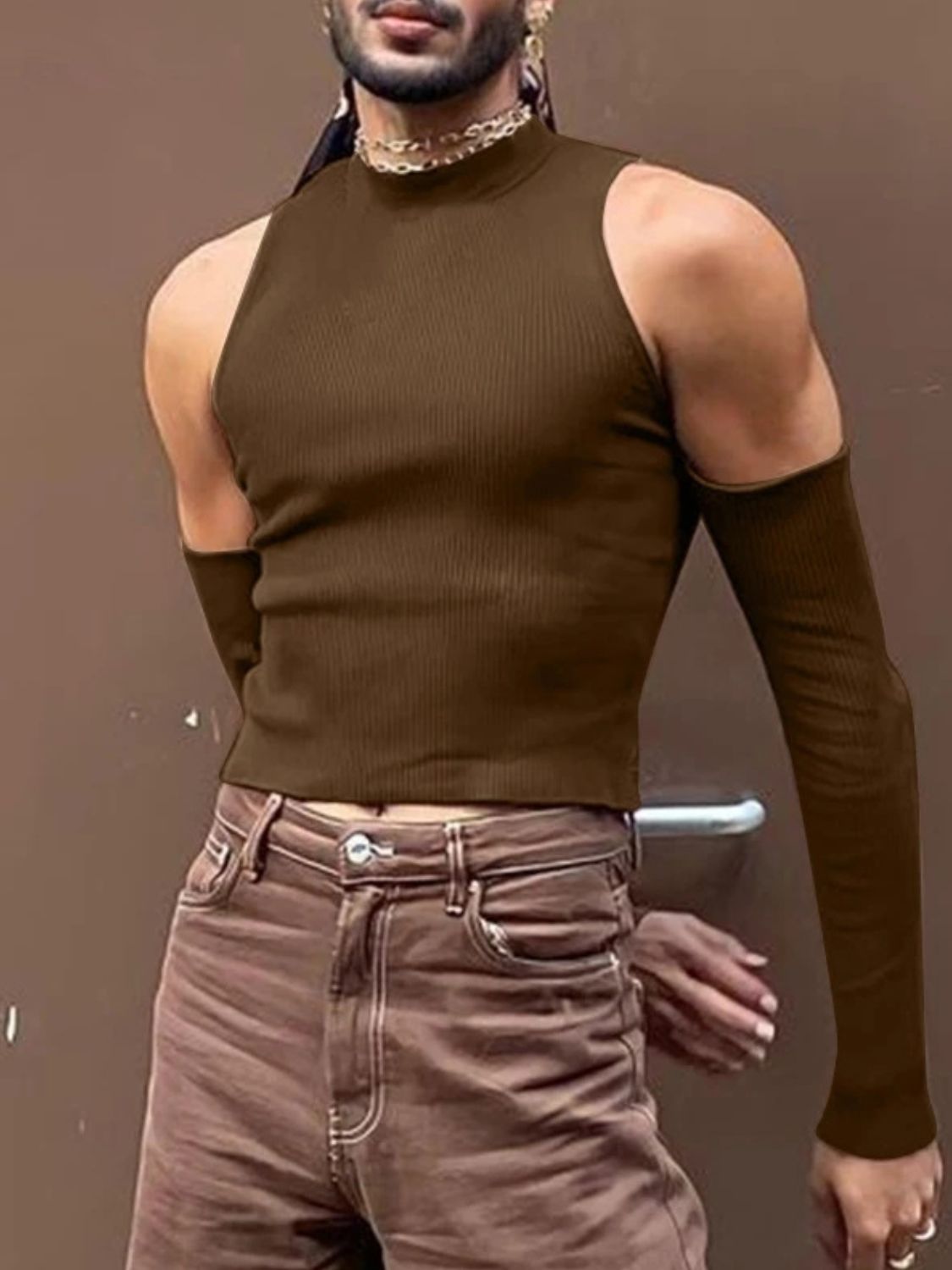 Men's Full Size Mock Neck Cold Shoulder T-Shirt Plus Size