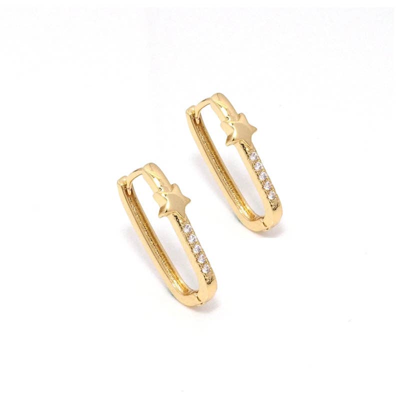 Gold Clear CZ Oval Star Rectangle Hoop Earrings, Sku#LK779