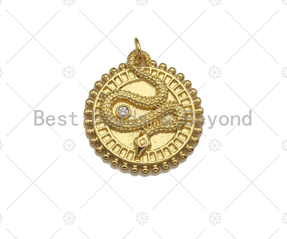 CZ Micro Pave Embossment Snake On Round Coin Charm/Pendant,Emblem Shape Charm, Snake Pave Pendant, Gold plated charm, Sku#LK129