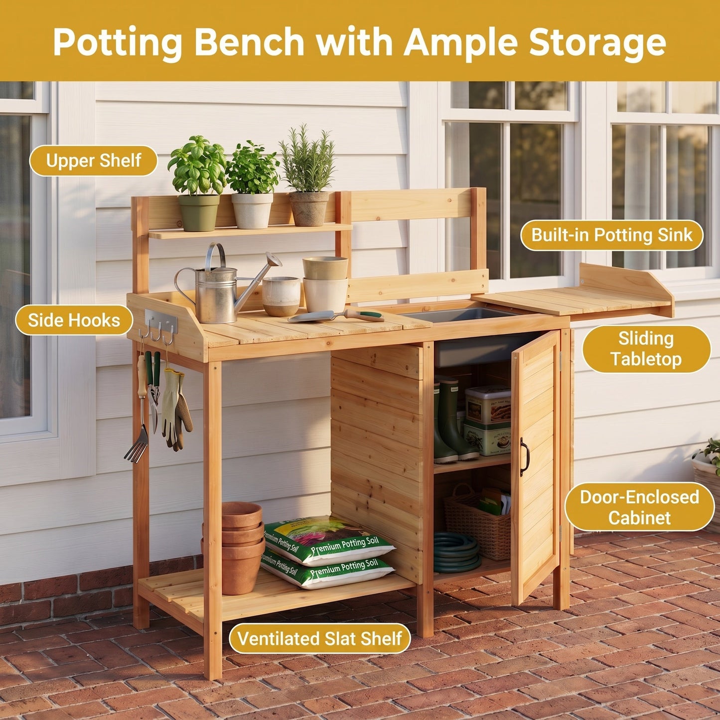 Outdoor Wooden Potting Bench Table with Sink