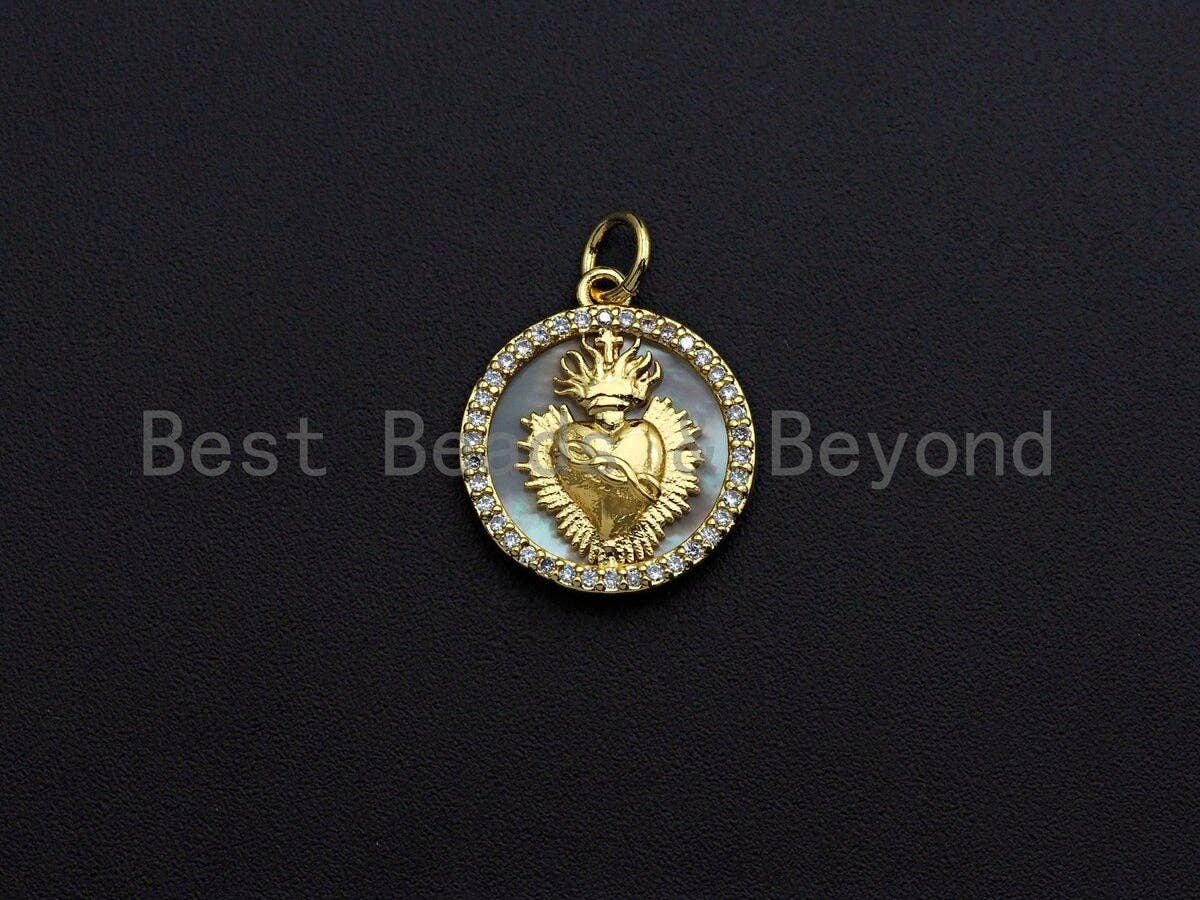 Clear CZ Micro Pave Heart on Mother-of-pearl Pendant Charm, Cubic Zirconia Charm, 16x18mm,sku#Z845