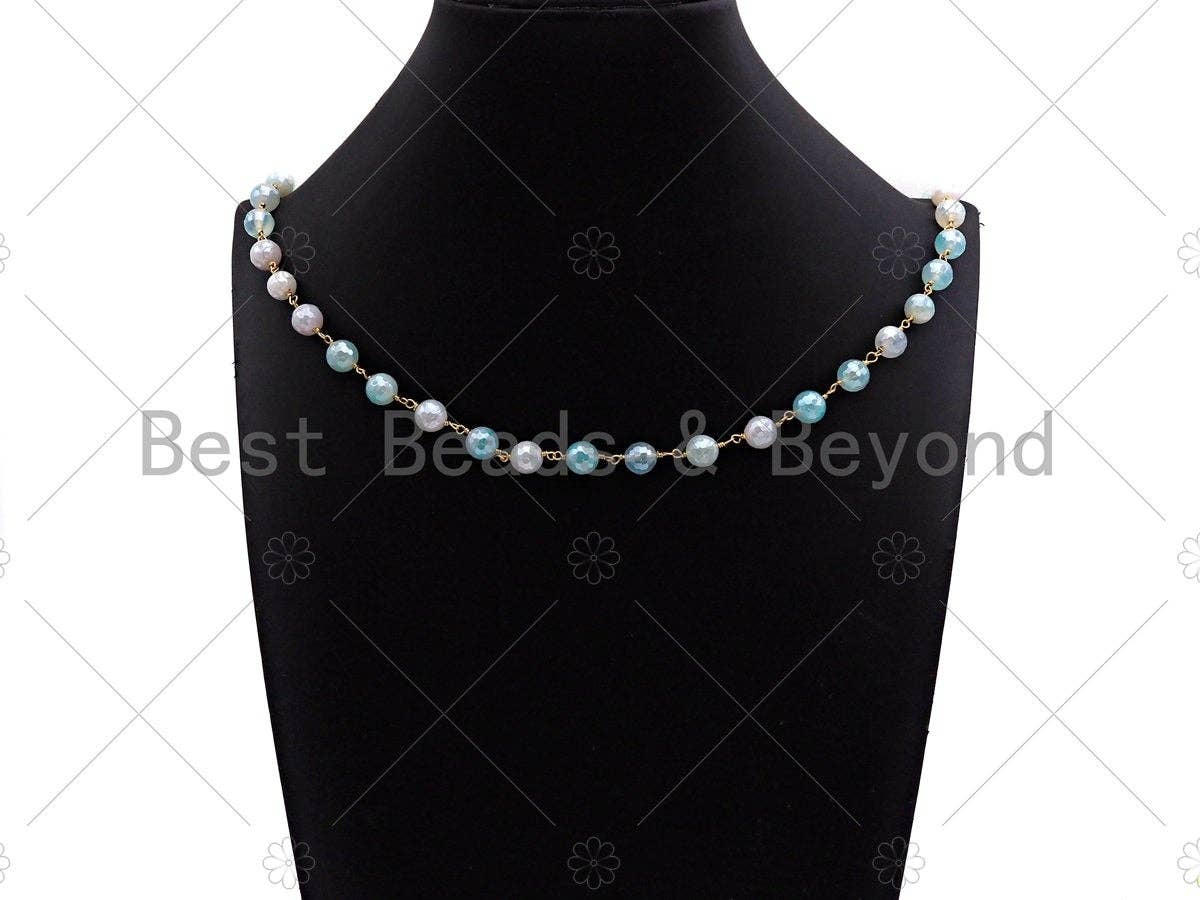 Mystic Agate Aqua Blue/Light Blue/Navy Blue Rosary Chain, 8mm Agate Beaded Chain, Wire Wrapped Gold Chain,Sku#V83