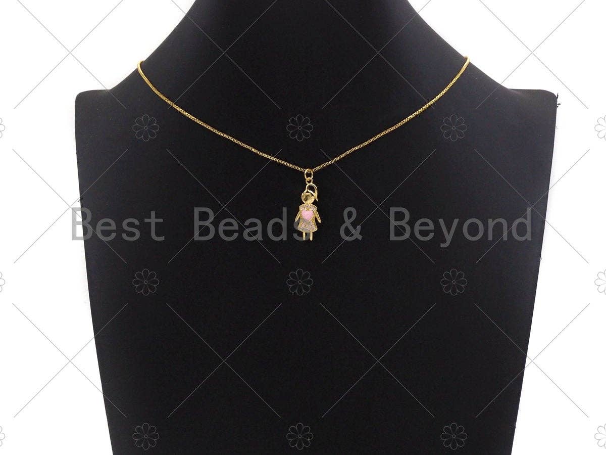 Girl With Pink Heart Pendant/Charm, Mother-of-pearl Inlay Heart Pendant, Cubic Zirconia Pendant, 11x26mm, Sku#LK74