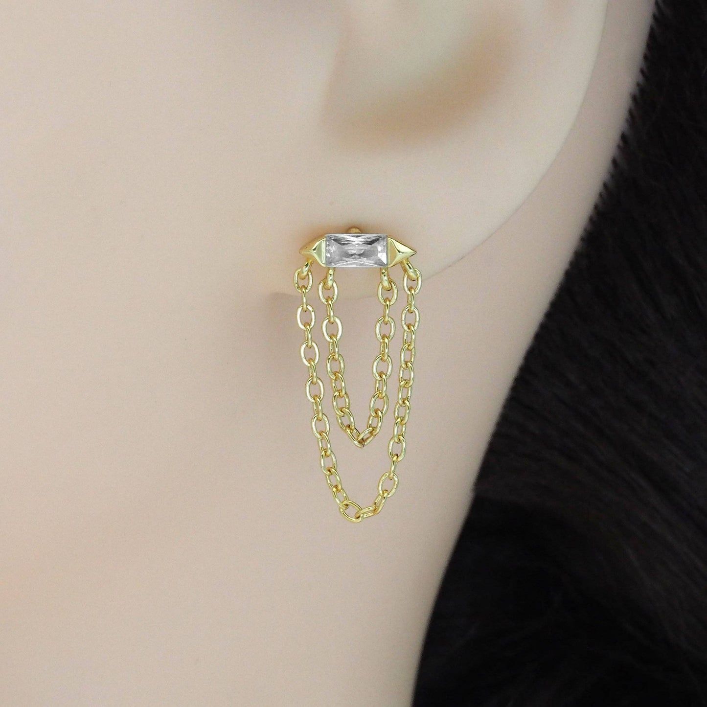 Clear CZ With Dangle Chain stud Earrings, Sku#LD468