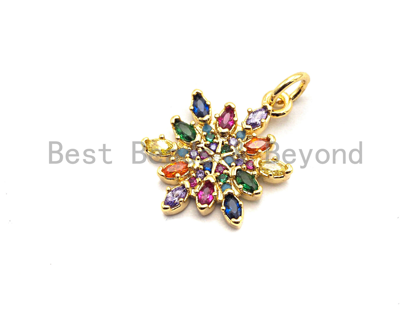 CZ Colorful Micro Pave Round With Snowflake Pendant, Snowflake  Shaped Pave Pendant, Gold plated, 14x18mm, Sku#F823