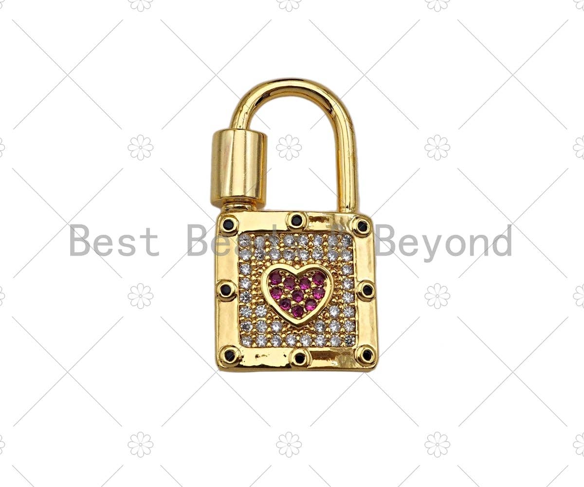 18K Gold Pink Heart Padlock Clasp, CZ Micro Pave Clasp, Gold Padlock Clasp, Fancy Pave Lock,14x27mm,sku#K147