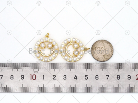 CZ Micro Pave with Pearl Smiley Face On Round Ring Shape Pendant,18K Gold Filled Charm, Necklace Bracelet Charm Pendant,23x26mm,Sku#LK460
