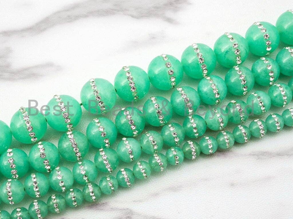 6mm/8mm/10mm/12mm Chrysoprase Jade inlaid with rhinestone,Green Color Beads, Smooth Jade Round Beads, SKU#X1C