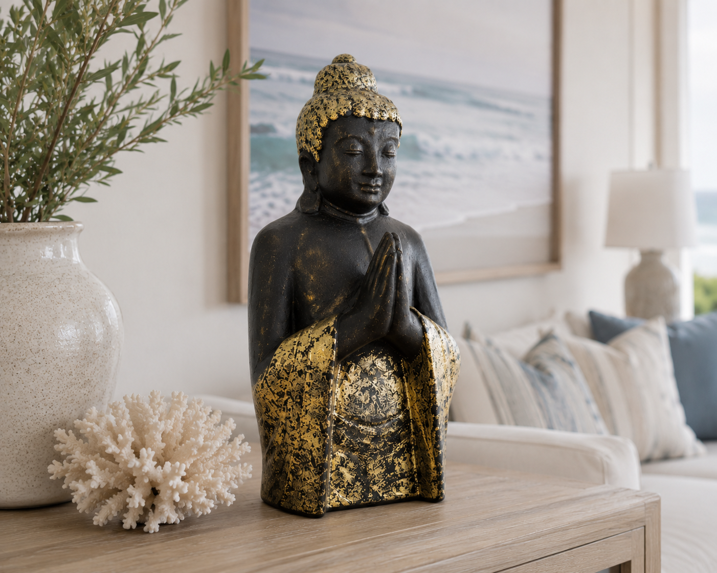 Large Black & Gold Praying Buddha Statue | Handcrafted Indonesian Décor