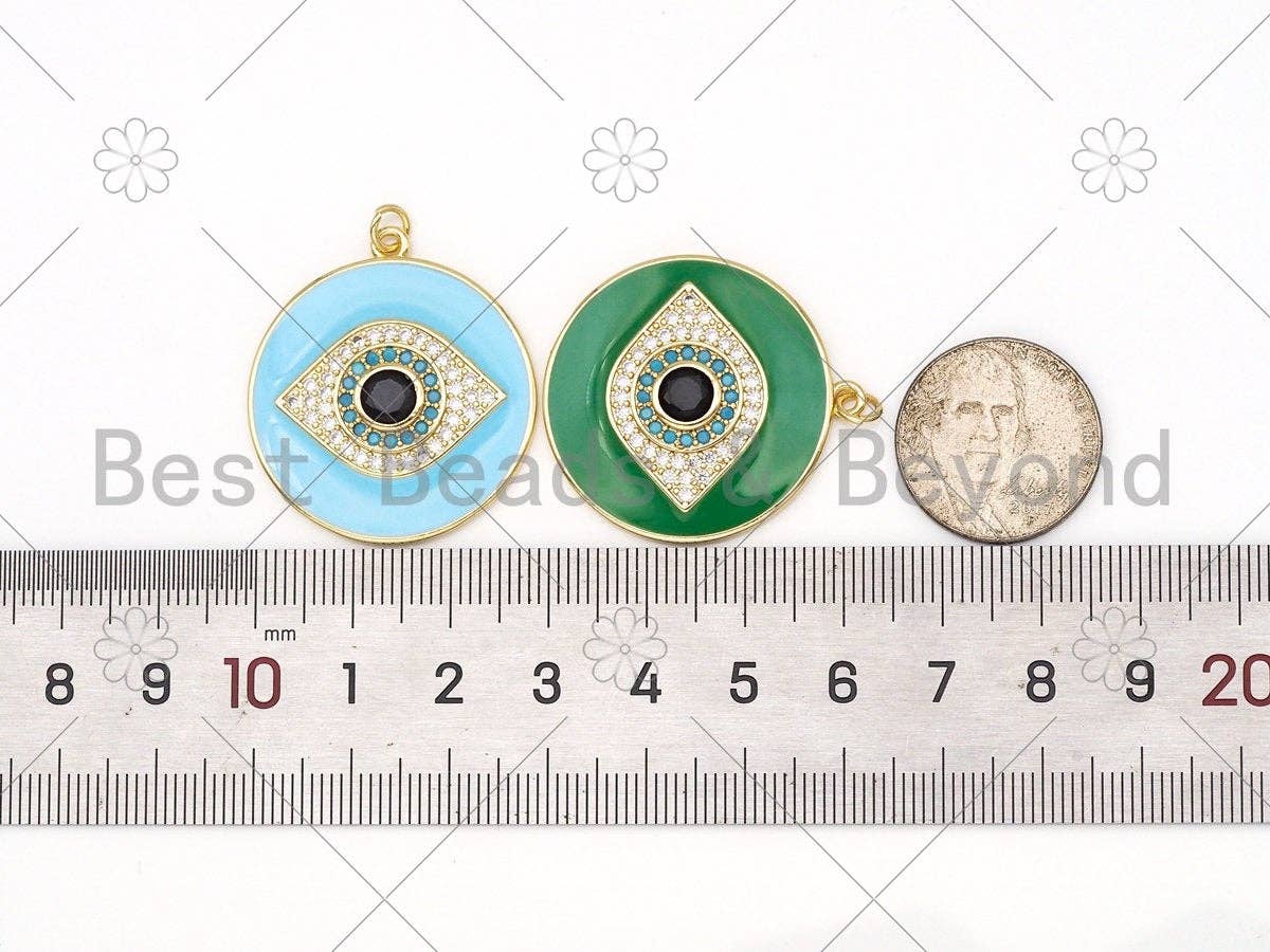 Large CZ Micropave Evil Eye On Colorful Enamel Round Coin Shape Pendant, 18k Gold Filled Protection Eye Enamel Charm,30mm,Sku#LK420