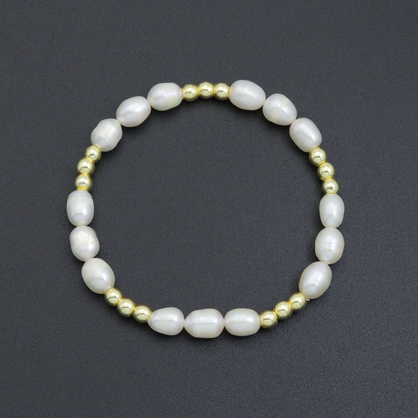 Freshwater Pearl Gold Beads Stretchy Bracelet, Sku#EF688