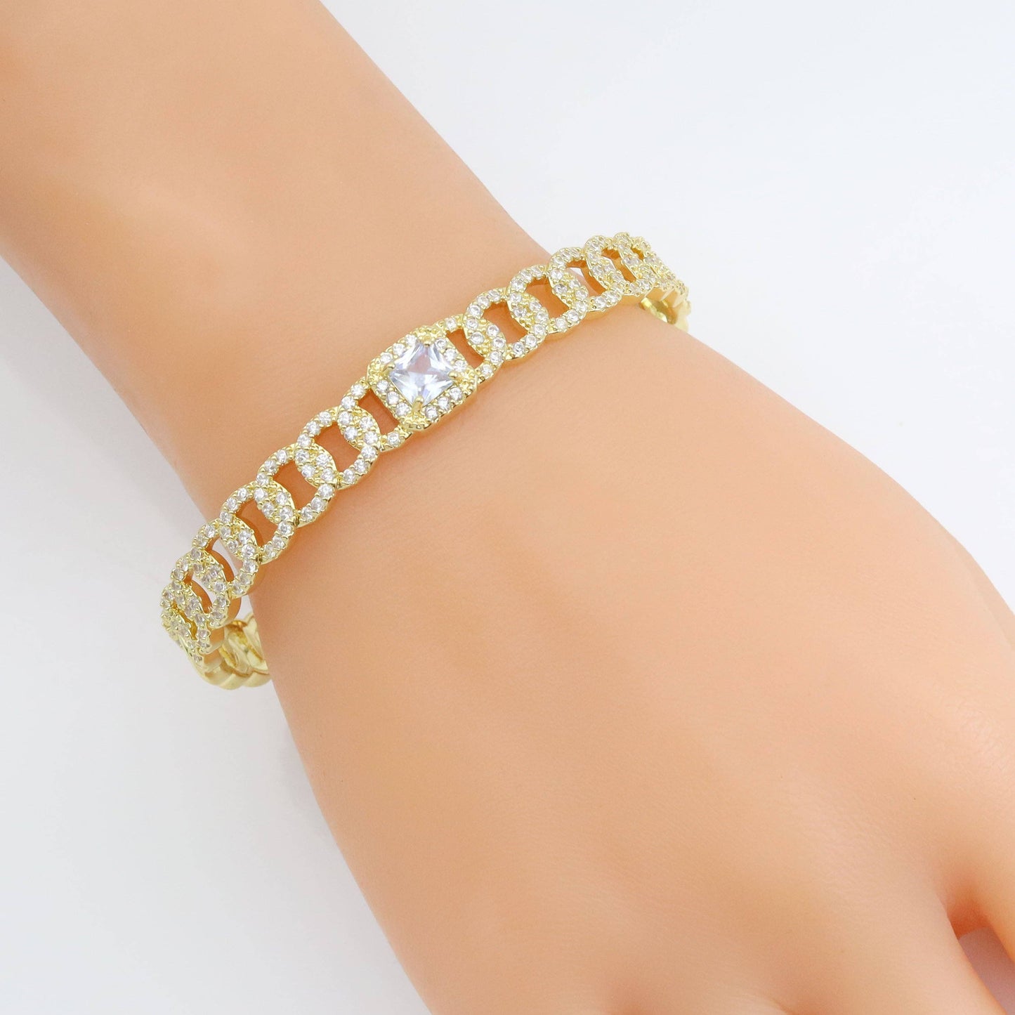 Clear CZ Oval Link Gold with Rectangle Diamond Bangle Bracelet, Sku#LD547