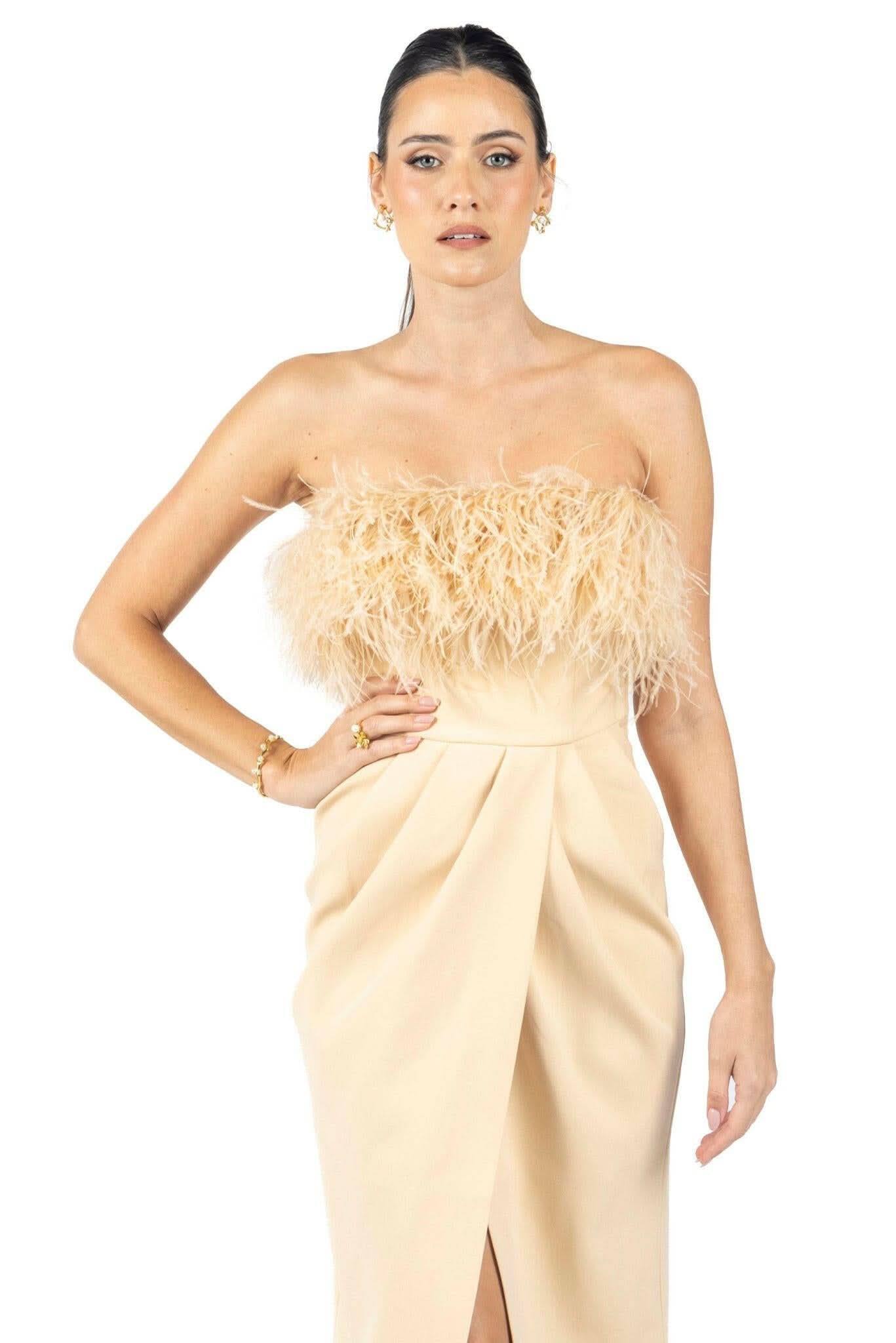 Diane Midi Feather Dress Beige