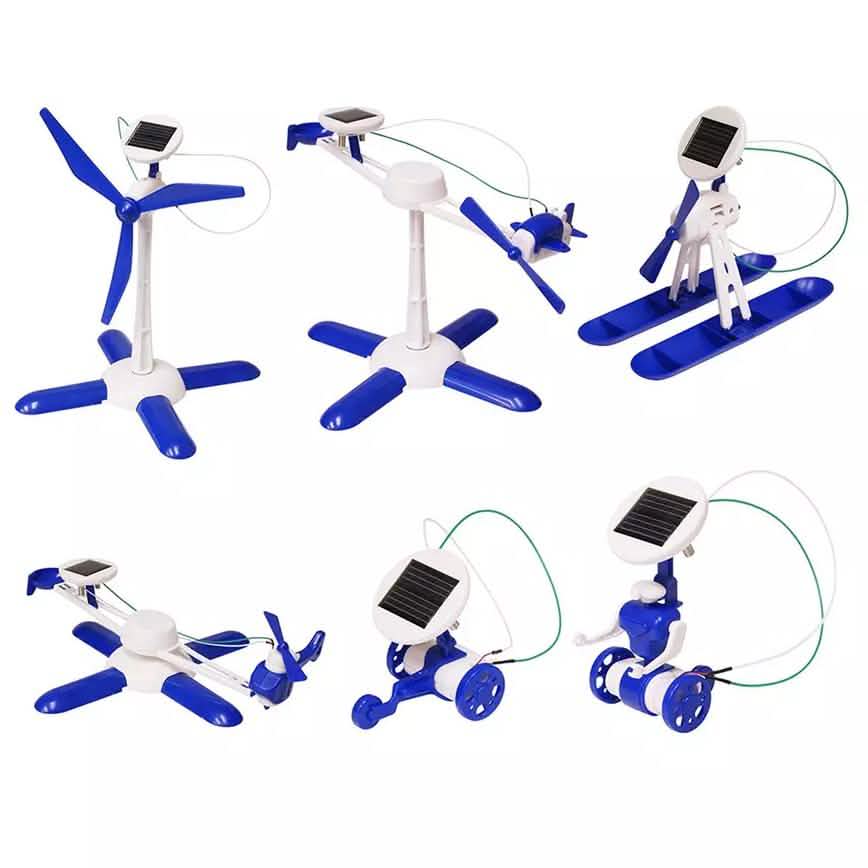 Véhicules robots solaires éducatifs 6-en-1 bleus à monter soi-même