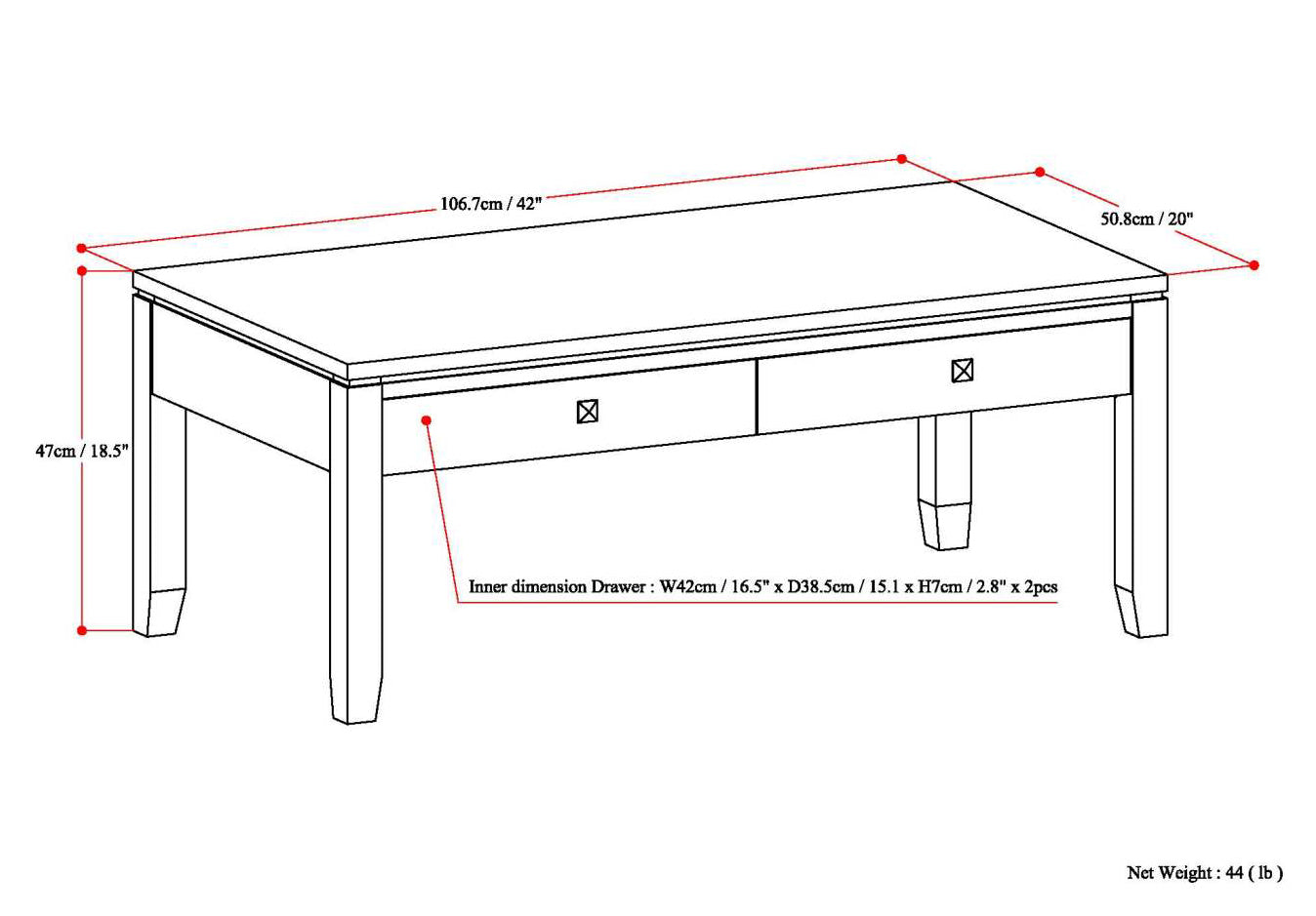 Cosmopolitan 42 Inch Wide Solid Wood Coffee Table in Mahogany