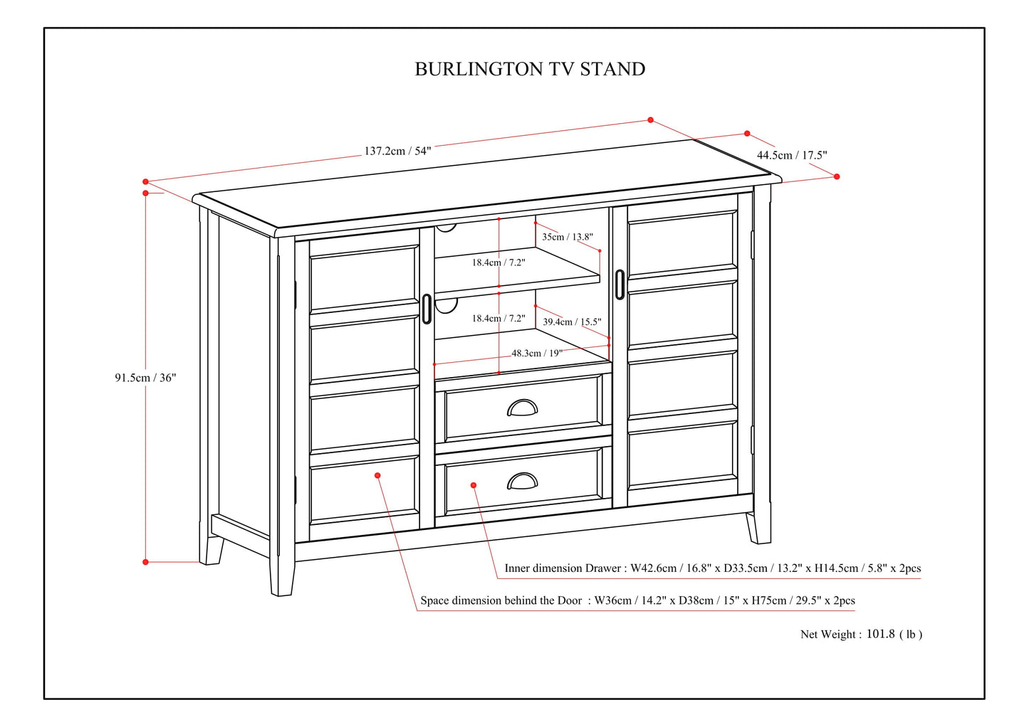 Burlington 54 Inch Wide Solid Wood Tall TV Stand in Mahogany