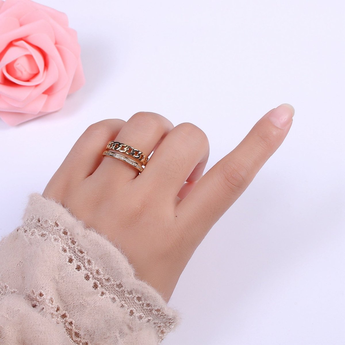 Double Band Chain Ring Design Gold Stackable Modern Minimalist Trending Ring Accessory U-129