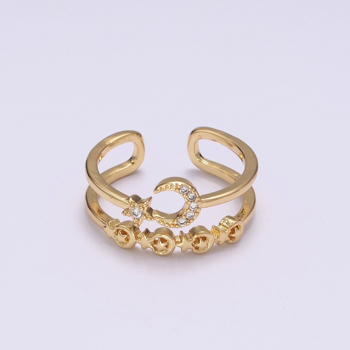 Double Band Crescent Moon Star Ring for Stackable Jewelry Open Adjustable Ring U-211