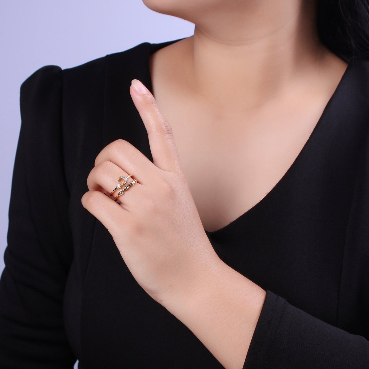 Double Band Crescent Moon Star Ring for Stackable Jewelry Open Adjustable Ring U-211